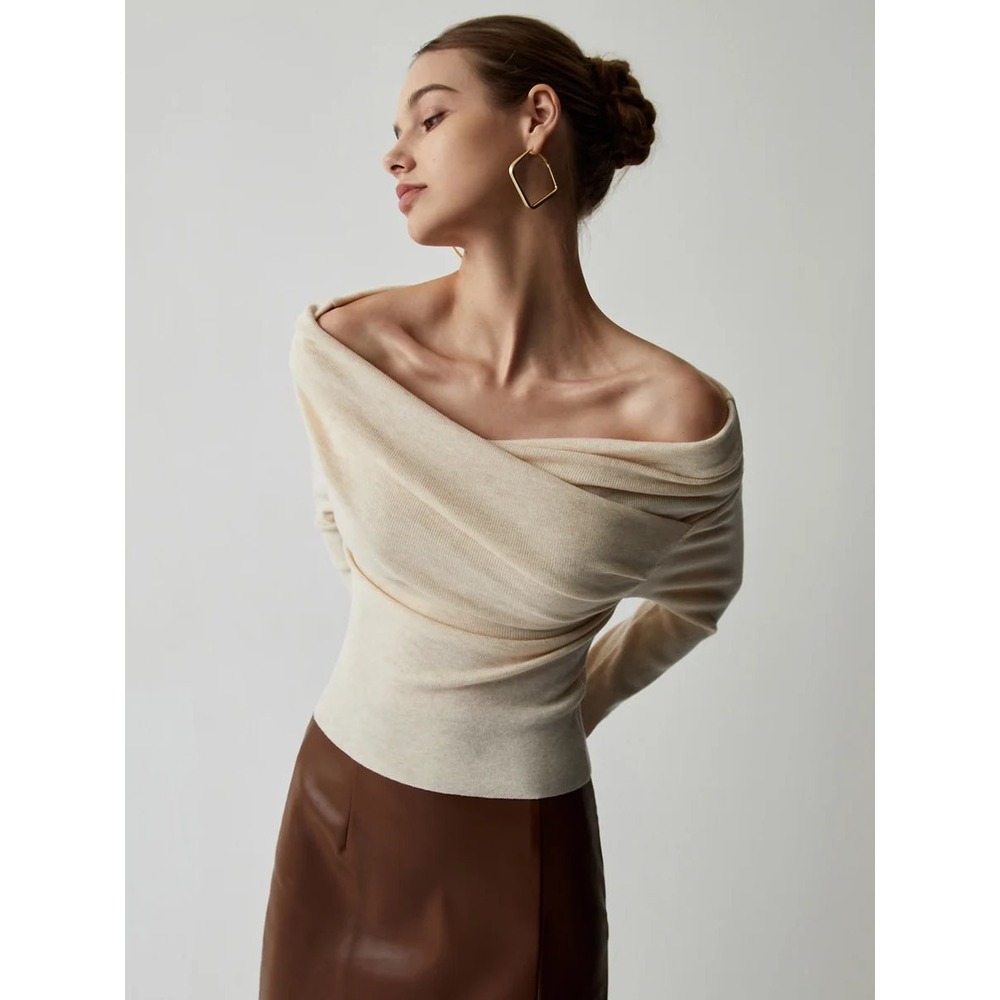 COMMENSE Apricot Off Shoulder Wrap Long Sleeve Knit Top Size S